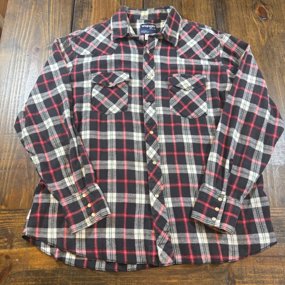 Wrangler Mens Western Snap Flannel Shirt Black Red Plaid 17.5 36, X-Long vintage